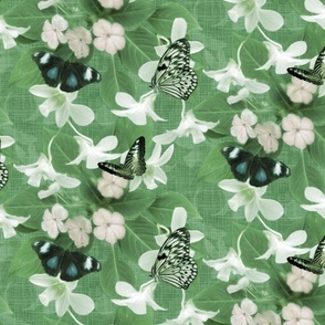 Tropical Butterfly Habitat, Monochromatic Botanic Green Tropical Floral, Natures Wild Insects Conservation, Green on Green Monochrome Painterly Butterfly Wildlife Pattern