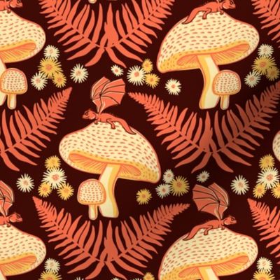 Medium Moody Woodland Dragons Sitting on Mushrooms - Papaya Orange and Chocolate Brown