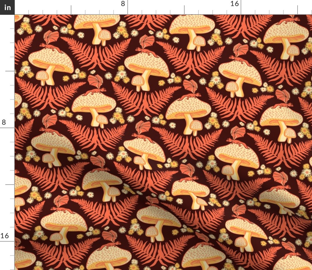 Medium Moody Woodland Dragons Sitting on Mushrooms - Papaya Orange and Chocolate Brown