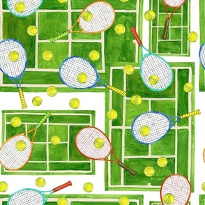 Tennis Love, Tennis Racquets and Balls on Tennis Courts, White Background, Hand Painted Watercolor, Large Scale