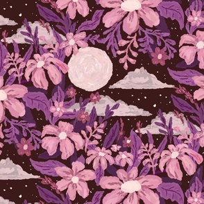 24x16 Purple Moonlit Garden - Moon and Flowers