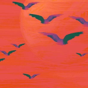 Warm Red Orange Sunset, Abstract Sunrise Lake Life Wild Birds, Contemporary Beach Art Sun Landscape, Abstract Painting Bird Wildlife Beachside Decor,  LARGE SCALE