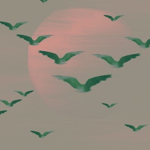 Dramatic Pink Sky Sunset Flocking Birds Print, Muted Tawny Tortilla Taupe, Flying Bird Silhouette Formation, Modern Migratory Birds , Summer Mood Evening Sun Set, MEDIUM SCALE