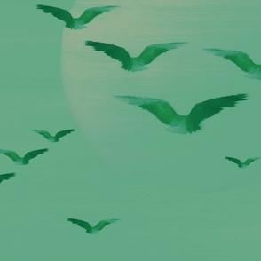 Minimalist Bird Pattern, Mint Fern Green Sea Estuary Birds Sky Formation, Emerald Green Migratory Birds Silhouette on Painted Sunset, Painterly Birds in Flight, LARGE SCALE