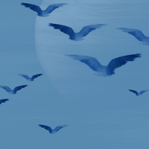 Minimalist Contemporary Cerulean Sky Blue Bird Art Pattern, Flying Birds Silhouette, Dramatic Azure Blue Sky Sunset Bird Painting, Shades of Summer Evening Sunset Sky, LARGE SCALE