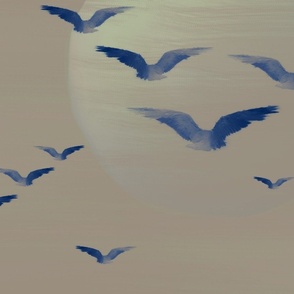 Modern Minimalist Bird Wildlife Painting, Almond Brown Warm Biscuit Summer Sun with Blue Toned Birds in Flight, Natures Wild Animal Habitat, Contemporary Tranquil Art Warm Distant Horizon, LARGE SCALE