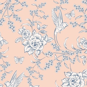 Florals and Birds Peach and blue_LARGE
