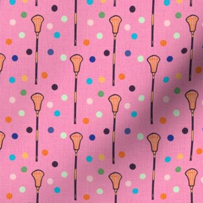 Small 6” repeat Lacrosse sports games sticks and balls blue nova palette with multicoloured balls and faux burlap woven texture on candy floss cyclamen pink