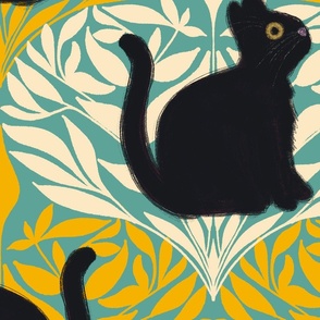 black cat ogee in yellow leaves on sage green - wallpaper 24 in