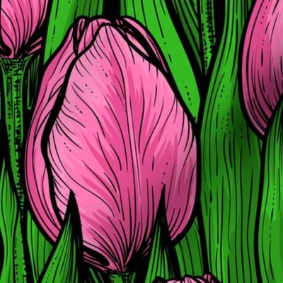 Pink tulips with green leaves
