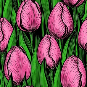 Pink tulips with green leaves