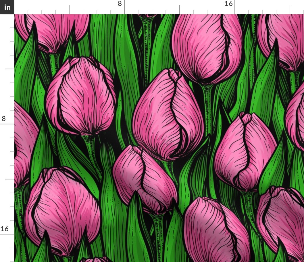 Pink tulips with green leaves