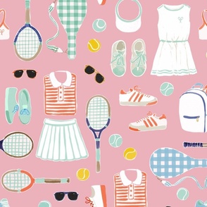 Tennis outfit - Pastel Pink - Preppy sports - Vintage Sports - Vintage Racket - Cute Girly Retro Tennis Ball Sport Racquet shoes dress backpack
