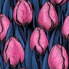 Pink tulips with blue leaves