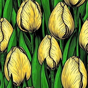 Yellow tulips with green leaves