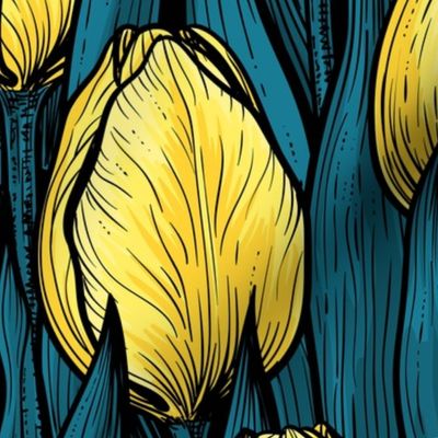 Yellow tulips with blue leaves