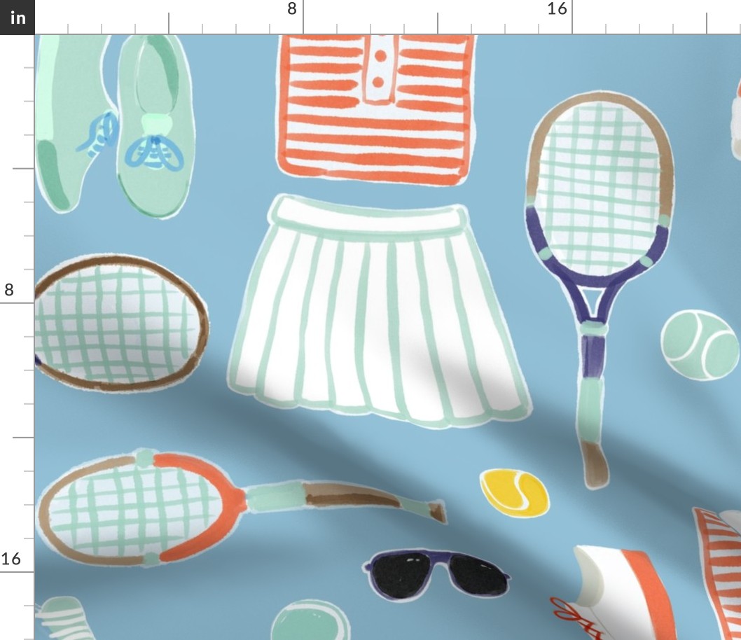 Large - Tennis outfit - Light Pastel Blue - Preppy sports - Vintage Sports - Vintage Racket - Cute Girly Retro Tennis Ball Sport Racquet shoes dress backpack