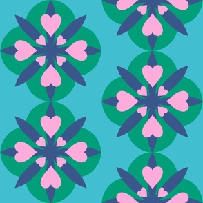 Large - Retro floral with hearts - Blue green and pink - Retro flowers with cute pink hearts and star shapes - 60s floral 60s flower 70s - vintage inspired bright and bold