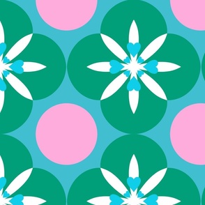 Large - Retro floral with hearts and dots - Blue green and pink - Retro flowers with cute pink hearts and star shapes - 60s floral 60s flower 70s - vintage inspired bright and bold