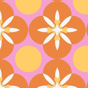 Large - Retro floral with hearts and dots - Pink orange and yellow - Retro flowers with cute pink hearts and star shapes - 60s floral 60s flower 70s - vintage inspired bright and bold