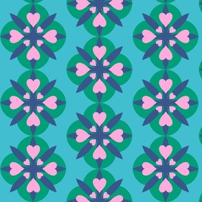 Medium - Retro floral with hearts - Blue green and pink - Retro flowers with cute pink hearts and star shapes - 60s floral 60s flower 70s - vintage inspired bright and bold