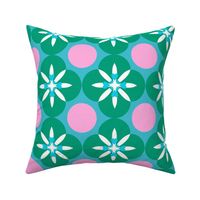 Medium - Retro floral with hearts and dots - Blue green and pink - Retro flowers with cute pink hearts and star shapes - 60s floral 60s flower 70s - vintage inspired bright and bold