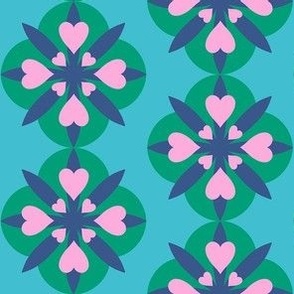 Small - Retro floral with hearts - Blue green and pink - Retro flowers with cute pink hearts and star shapes - 60s floral 60s flower 70s - vintage inspired bright and bold
