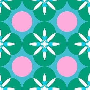 Small - Retro floral with hearts and dots - Blue green and pink - Retro flowers with cute pink hearts and star shapes - 60s floral 60s flower 70s - vintage inspired bright and bold