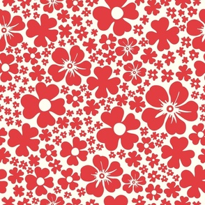 RETRO HAWAIIAN ALOHA HIBISCUS FLOWERS RED ON CREAM
