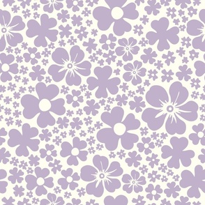 RETRO HAWAIIAN ALOHA HIBISCUS FLOWERS LILAC ON CREAM