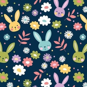 Colorful Easter bunnies and flowers - daisies leaves and poppy flower garden sweet kawaii bunny design for kids teal green yellow lilac on navy blue 