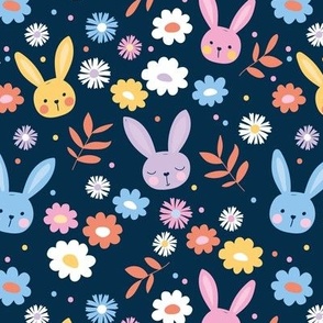 Colorful Easter bunnies and flowers - daisies leaves and poppy flower garden sweet kawaii bunny design for kids pink yellow lilac blue on navy blue 