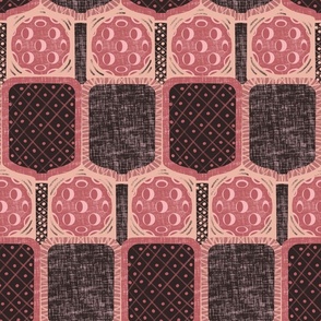Seamless pattern with pickball rackets and balls for the game in red and black colors on a pink background. 