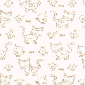 465 - Small scale Cats and chickens on warm white and yellow mustard