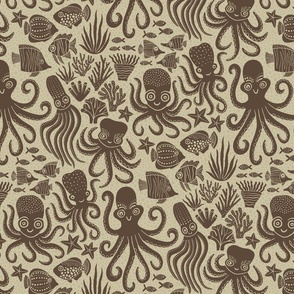 Playful Octopuses - Bubbly Background - Dark Brown - Medium Version
