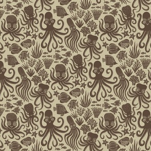 Playful Octopuses - Bubbly Background - Dark Brown - Small Version