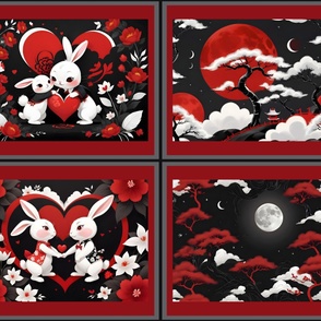 4 VARIOUS FAT QUARTER BUNNY RABBIT VALENTINE LOVE RED AND BLACK FLWRHT