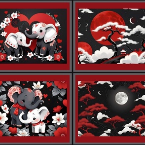 4 VARIOUS FAT QUARTER ELEPHANT VALENTINE LOVE RED AND BLACK FLWRHT