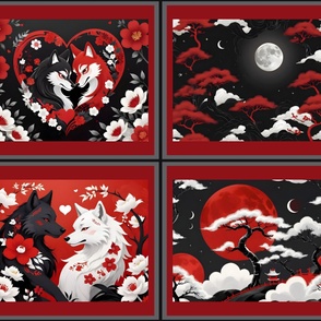 4 VARIOUS FAT QUARTER WOLF VALENTINE LOVE RED AND BLACK FLWRHT