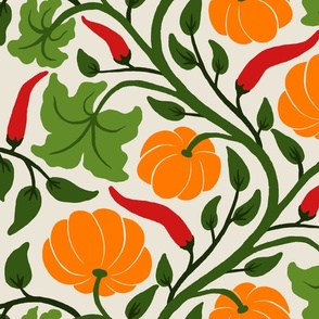 (L) Pumpkins and Chillies - orange pumpkin and red chilli vine pattern with green leaves on cream