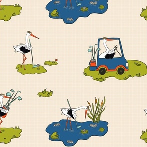 Golfing Storks-on Checkered Background Large