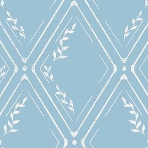 Vintage Modern Inspired Geometric Trellis with Leaves in Light Blue and White.