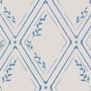 Vintage Modern Inspired Geometric Trellis with Leaves in Blue and Beige.