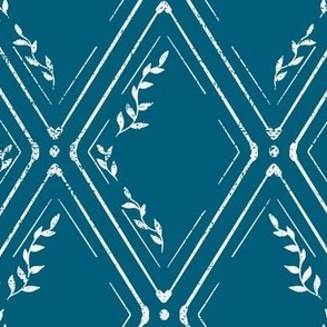 Vintage Modern Inspired Geometric Trellis with Leaves in Dark Blue and White.