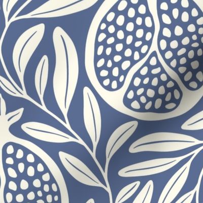Block Print Pomegranates with Leaves - Blue Nova and Cream - Extra Large (XL) Scale - Traditional Botanical with a Modern Flair