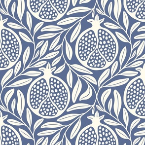 Block Print Pomegranates with Leaves - Blue Nova and Cream - Extra Large (XL) Scale - Traditional Botanical with a Modern Flair