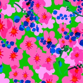 Forget Me Not Flowers Big Colorful Bright Bold Floral Garden In Hot Pink And Lime Green Retro Modern Maximalist Tropical Summer Resort Pool Luxe Translucent Overlay Repeat Pattern