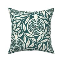 Block Print Pomegranates with Leaves - Forest Green and Cream - Extra Large (XL) Scale - Traditional Botanical with a Modern Flair