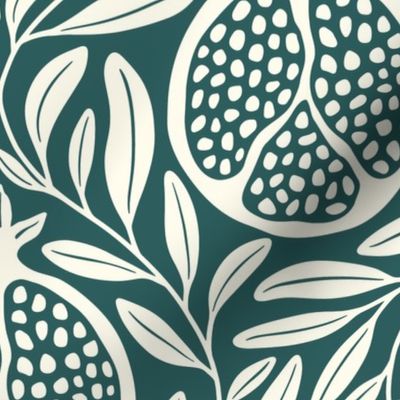 Block Print Pomegranates with Leaves - Forest Green and Cream - Extra Large (XL) Scale - Traditional Botanical with a Modern Flair