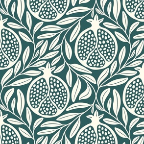 Block Print Pomegranates with Leaves - Forest Green and Cream - Extra Large (XL) Scale - Traditional Botanical with a Modern Flair